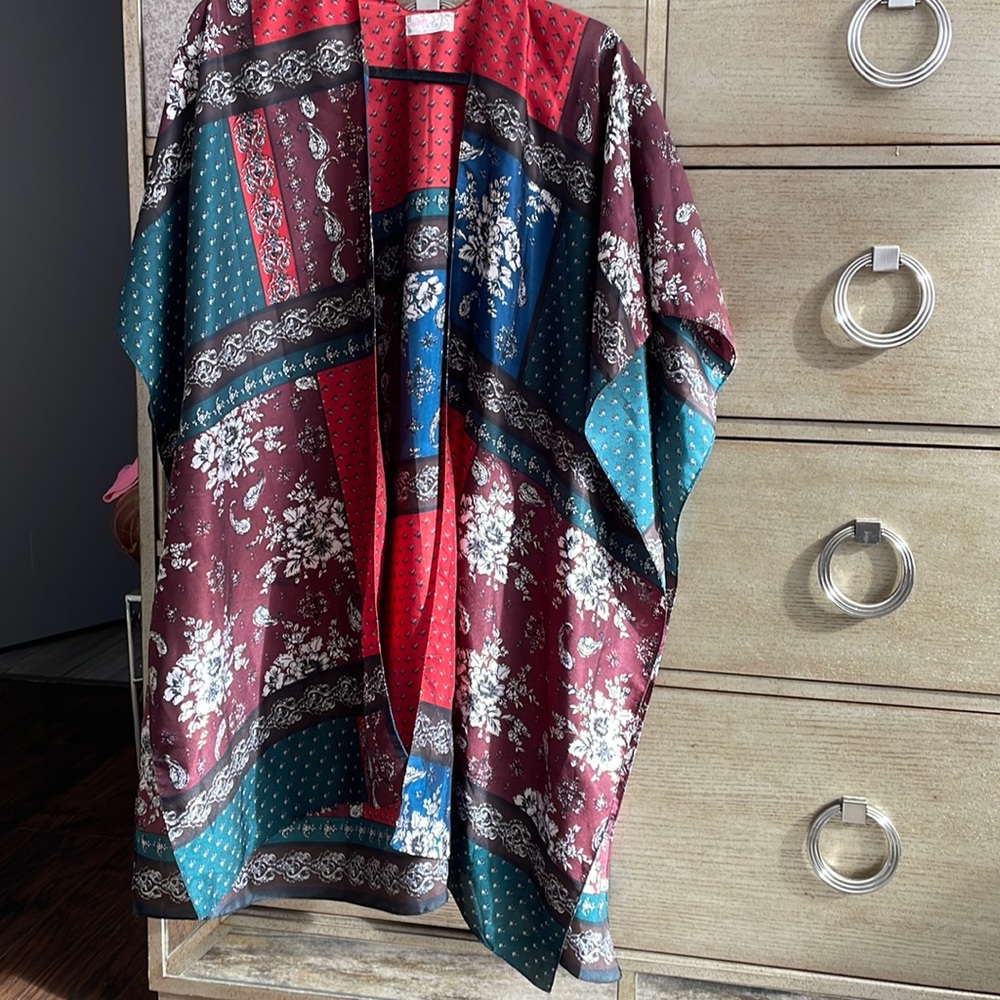New Mon Cherry Silky Patchwork Kimono, One Size - image 3